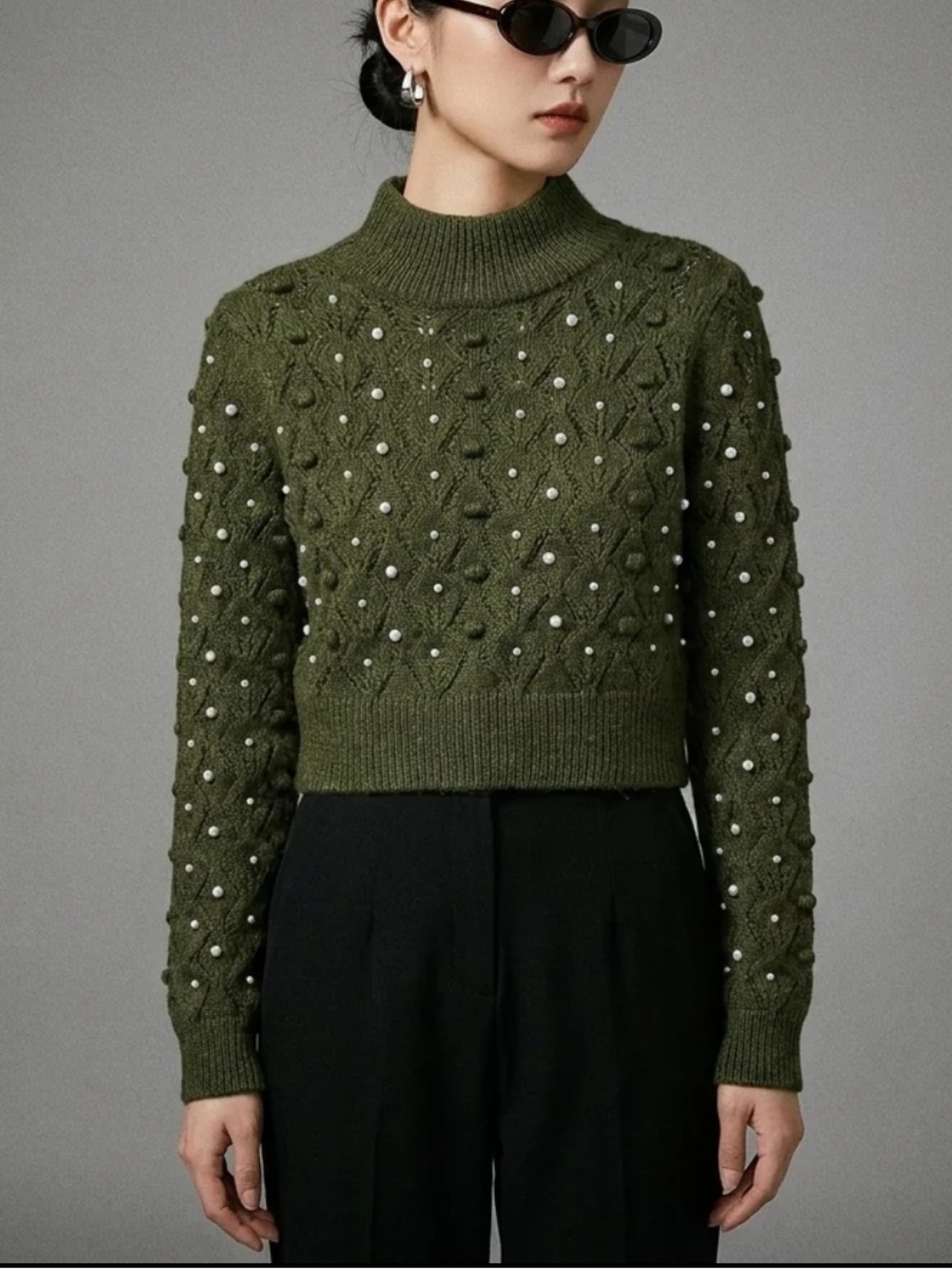 Olive Green Pearl-Embellished Knit Sweater